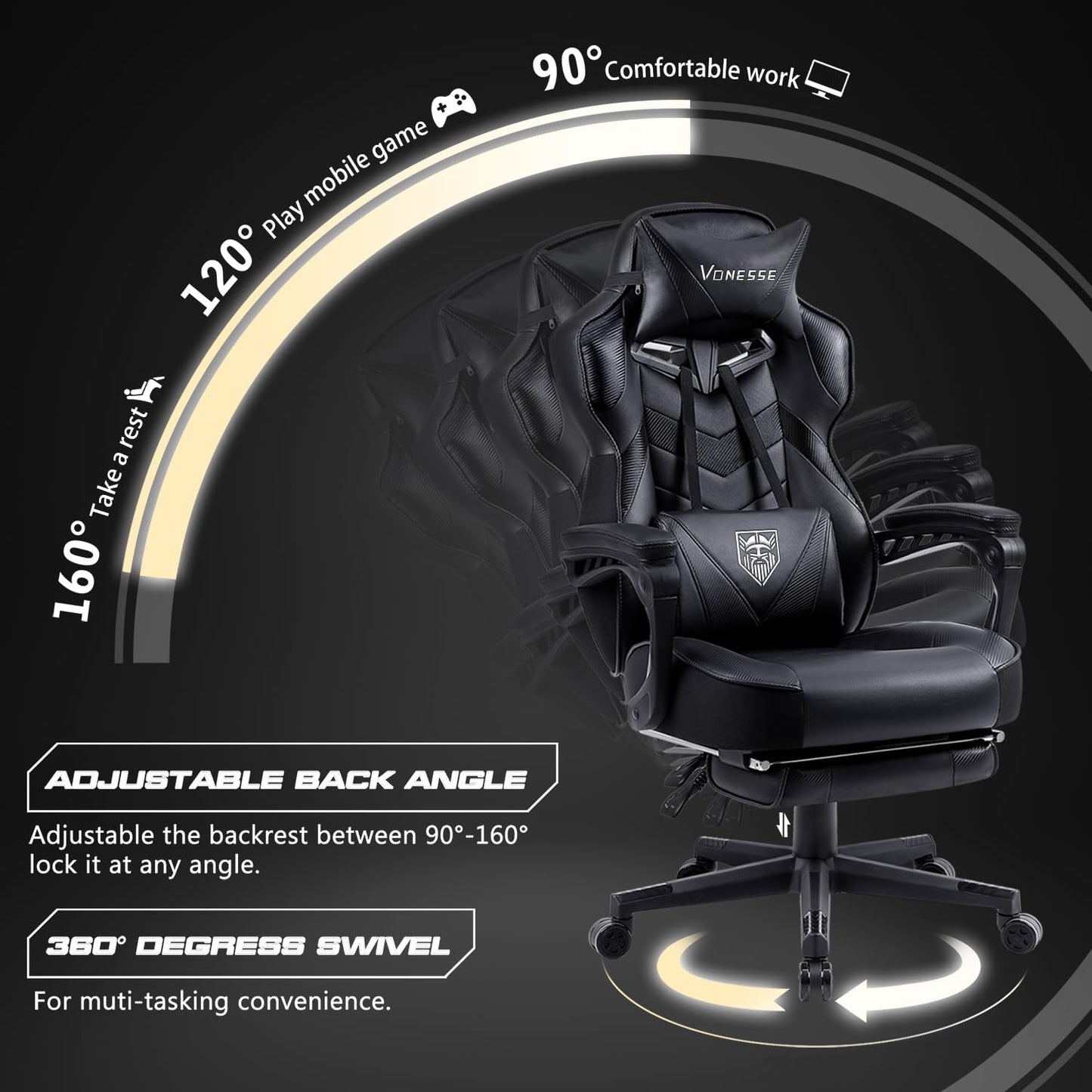 Gaming Chair with Footrest,Big and Tall Gaming Chairs for Adults,Computer Chair for High Back and Massage,Reclining Gamer Ergonomic Office Desk Chair(Black)